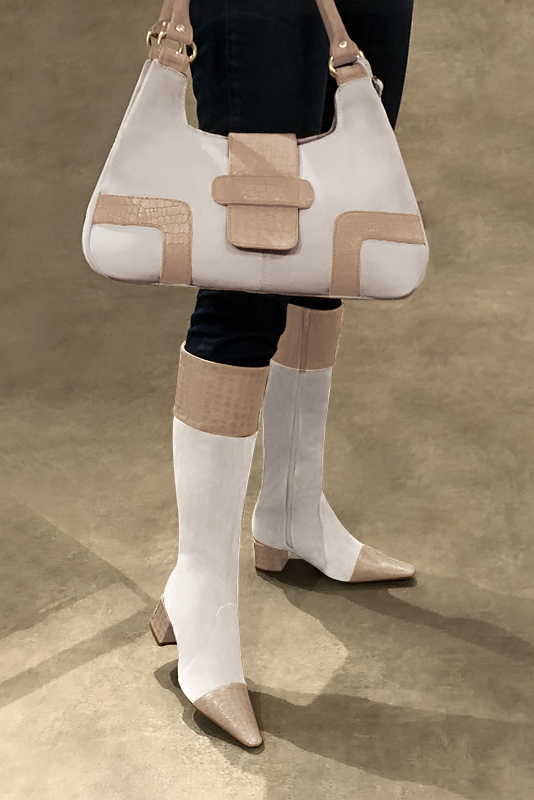 Tan beige and off white women's feminine knee-high boots. Tapered toe. Medium block heels. Made to measure. Worn view - Florence KOOIJMAN